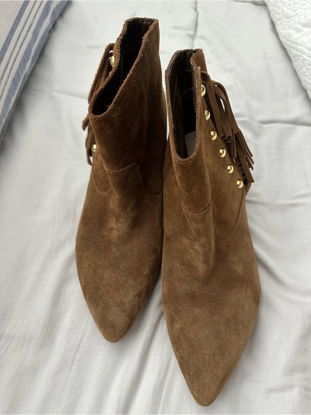INC International Concepts Brown Suede Pointed Toe Ankle Booties with Fringe